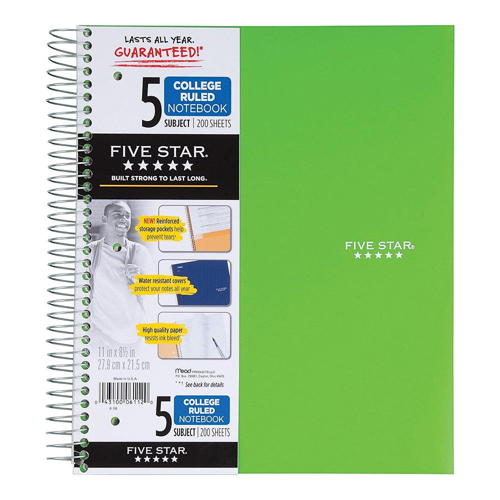 Mead Five Star 5 Subject College Ruled Notebook, 200 Sheets, 1 Ea